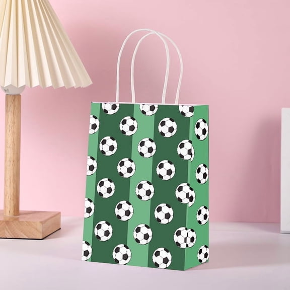 12 Pcs Soccer Party Favor Bags, Soccer Themed Party Gift Bags with Handles, Paper Gift Bags Soccer Goodie Bags Treat Candy Bags for Kids Adults Soccer Party Supplies