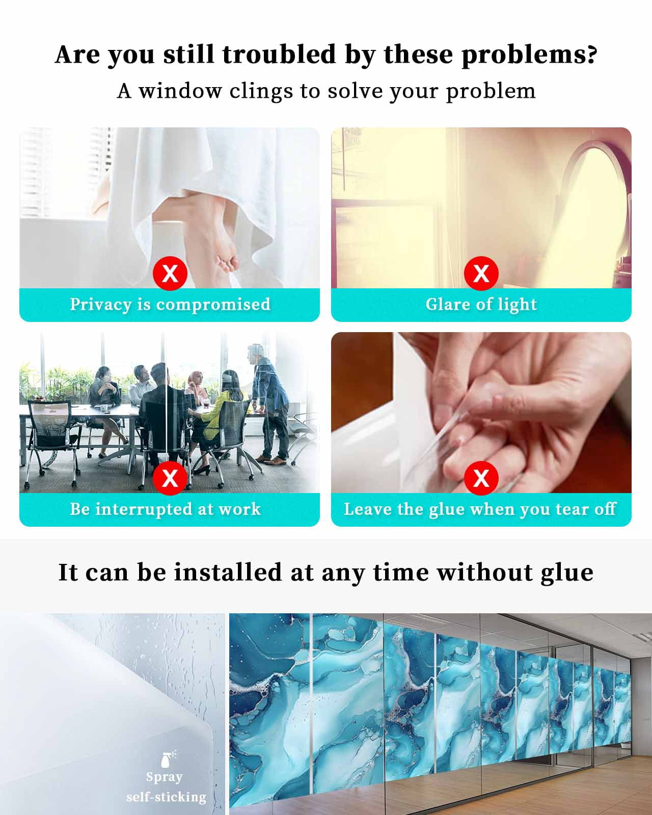 Window Privacy Film Blue Teal Marble Stained Glass Window Film Decorative Sun Block Window Cover Aesthetics Modernism Abstract Window Clings Static Adhesive Sticker for Bathroom 23.6"x59"