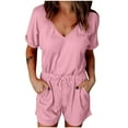thumbnail image 3 of UVEASISHA Solid Shorts Rompers for Women V Neck Short Sleeve Knit Drawstring Jumpsuits One Piece Summer Casual Outfits Pink L, 3 of 8