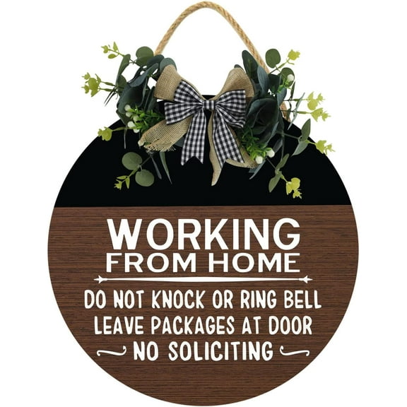 Eveokoki 12" Working From Home Do Not Knock Or Ring Doorbell Leave Packages No Soliciting Sign,Wood Hanging Sign Home Office Meeting Door
