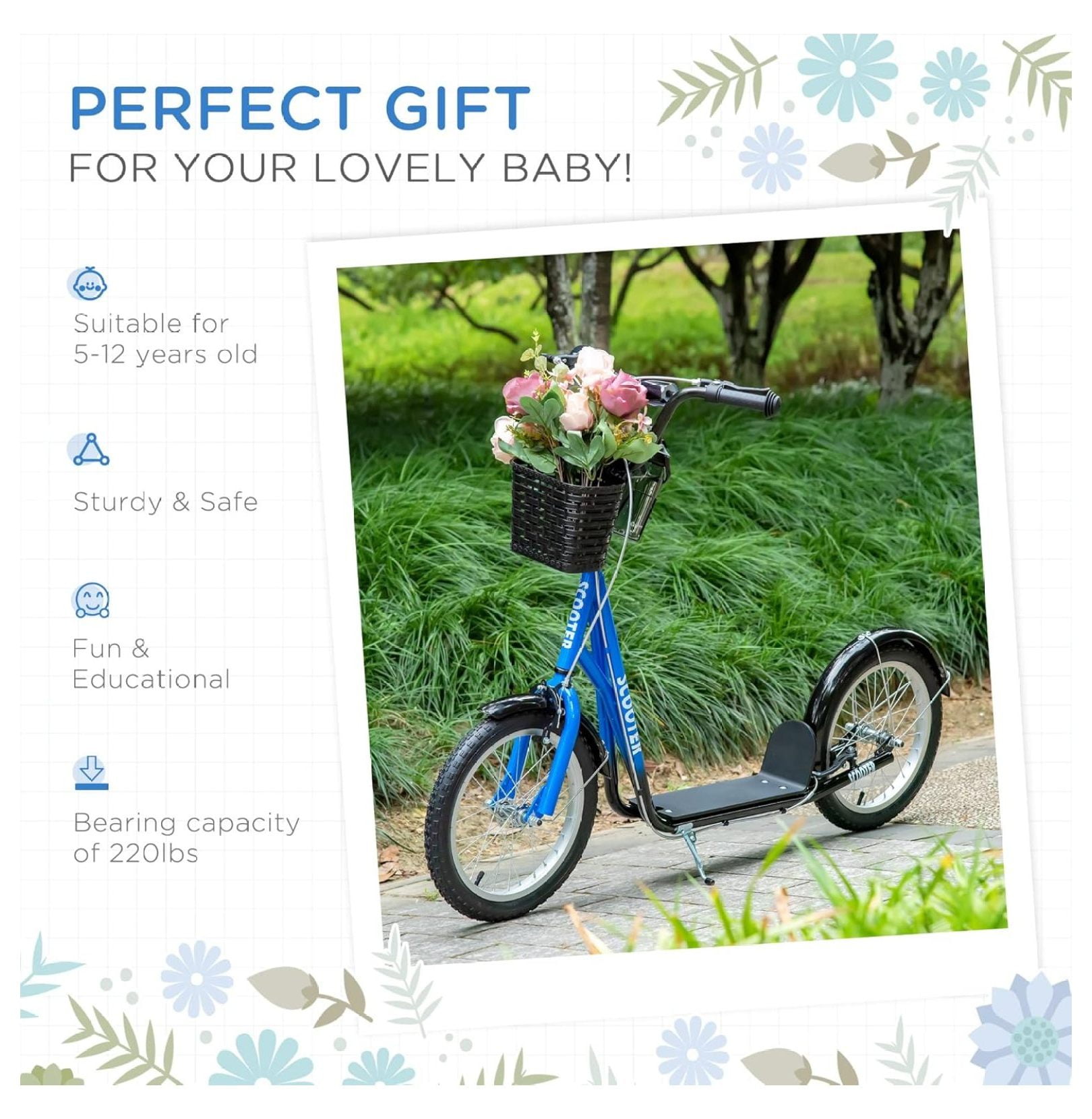 Youth Kick Scooter with Adjustable Handlebars, Double Brakes and Inflatable Rubber Tires, 16 Inch