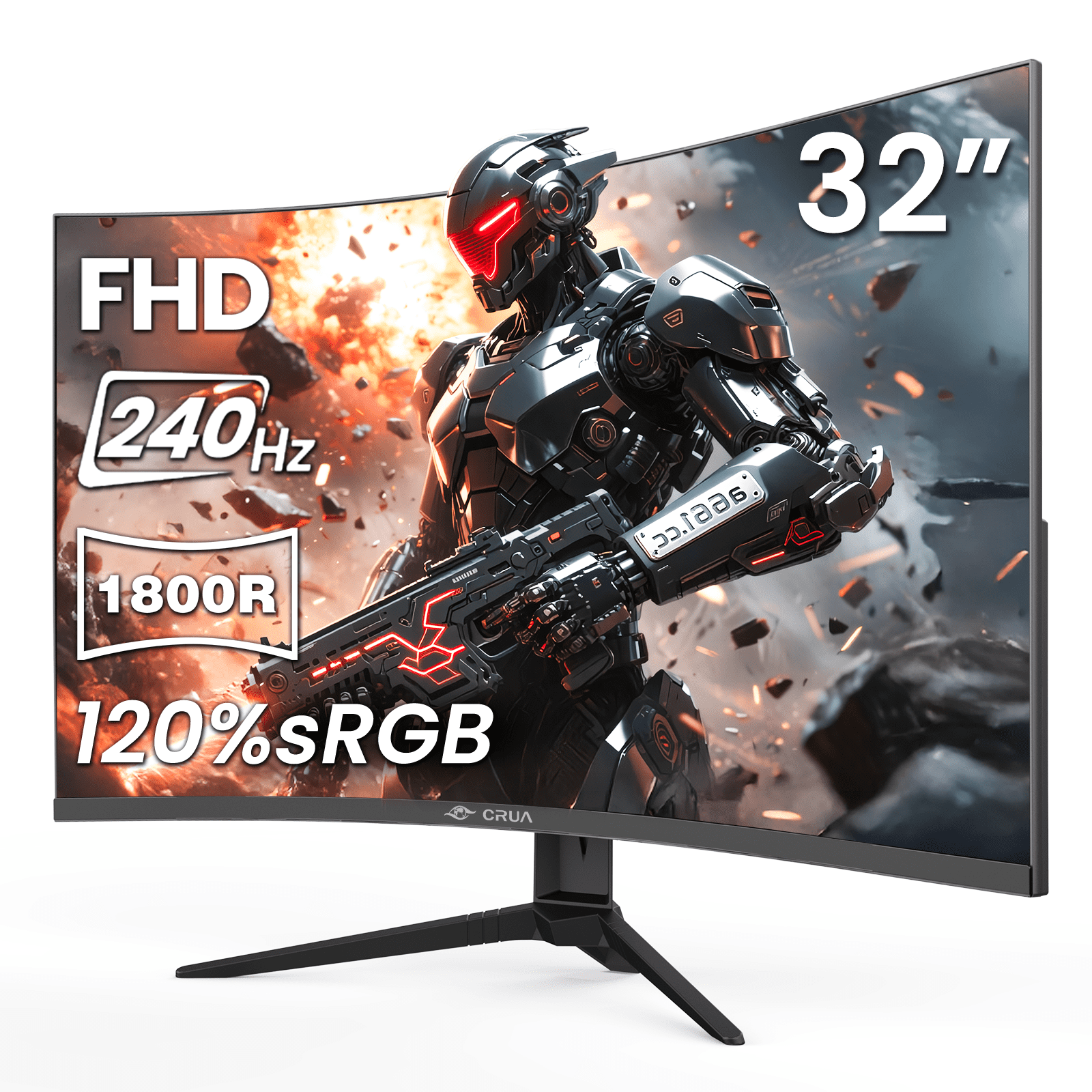 CRUA 32" 240Hz Curved Gaming Monitor, FHD 1920×1080P, 1800R Ultra-Wide Screen, 120% sRGB, FreeSync, Low Blue Light, HDMI 2.0 & DP 1.4, Wall Mountable-Black