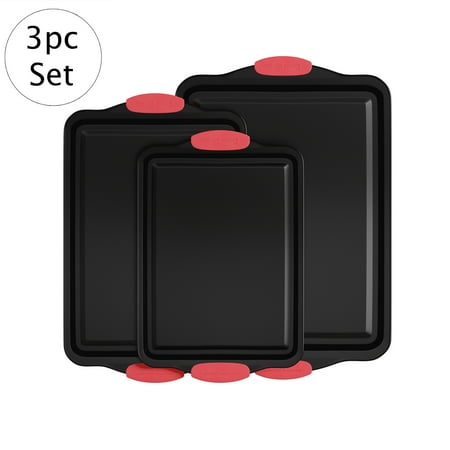 Baking Pans-3PC. Nonstick Cookie Sheet Set, Silicone Handles-17.75”x12”, 15.75”x10” Jelly Roll, 13.5”x9” Quarter Size-Home Bakeware by Classic