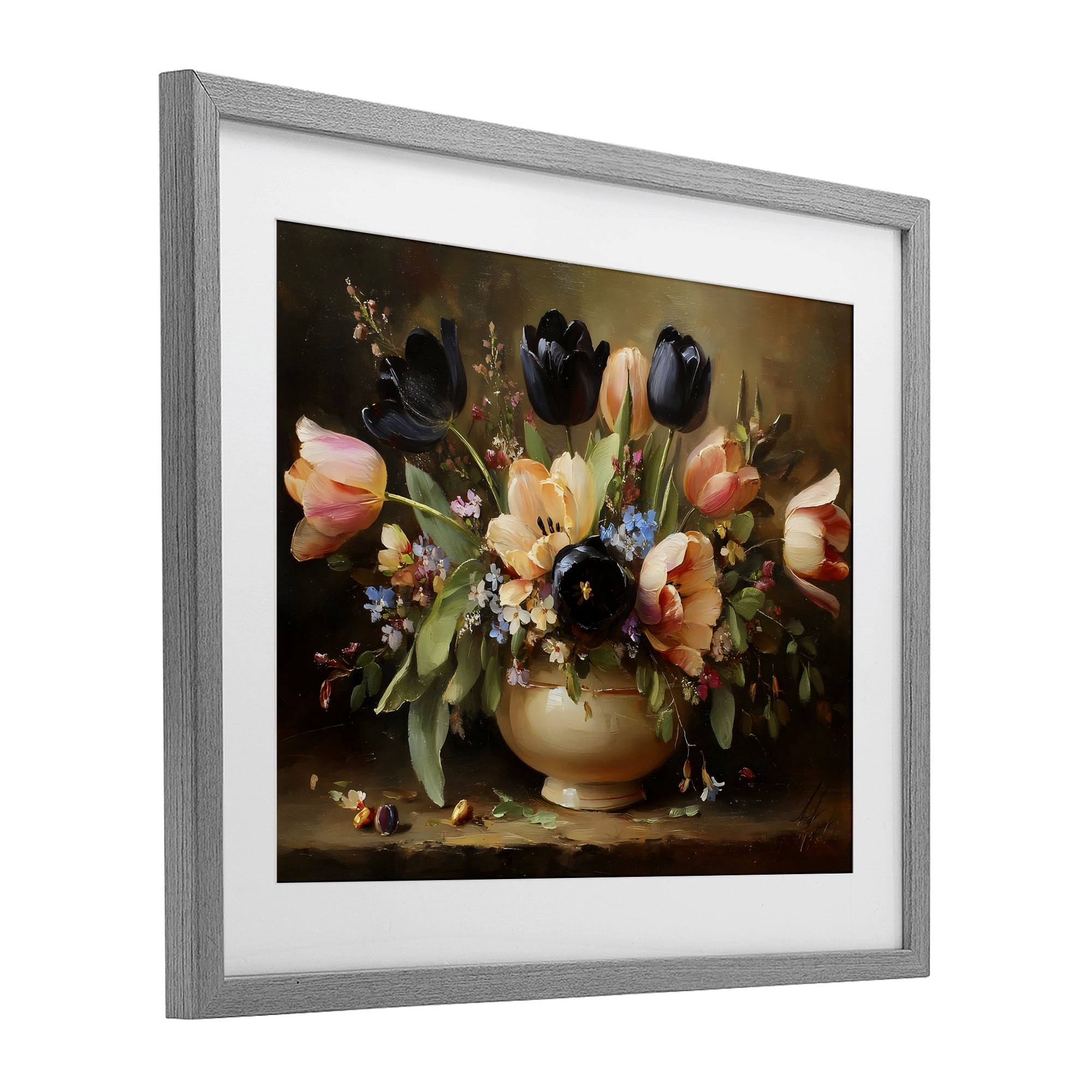 Stupell Industries Black Tulips & Peach Bouquet Gray Framed Print Under Glass, design by Franklyn Gregory