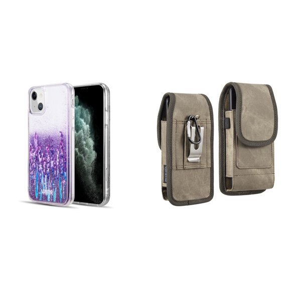 Liquid Glitter Case for iPhone 14 and Belt Holster Pouch (Lavender Purple/Brown)