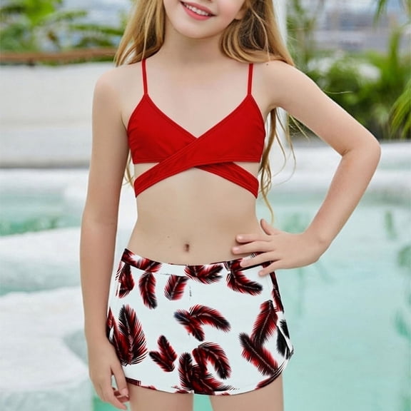 Odeerbi 8-14 Years Kids Teen Girls 3-Piece Swimsuit Set Summer Cutout Bikini Set with Board Shorts Cute Bathing Suit