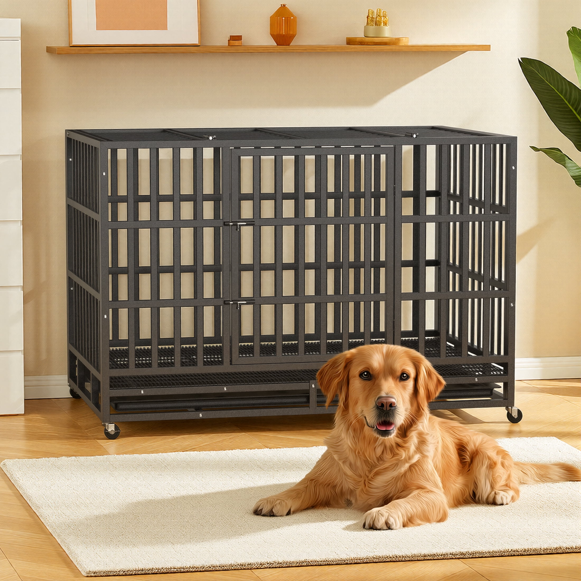 YOKWOK 48 Inch Heavy Duty Dog Crate, Indestructible Steel Chew & Escape Proof Dog Cage for Large High Anxiety Dogs, XL Metal Dog Kennel with Locking Wheels, Removable Tray, Double-Doors, Black