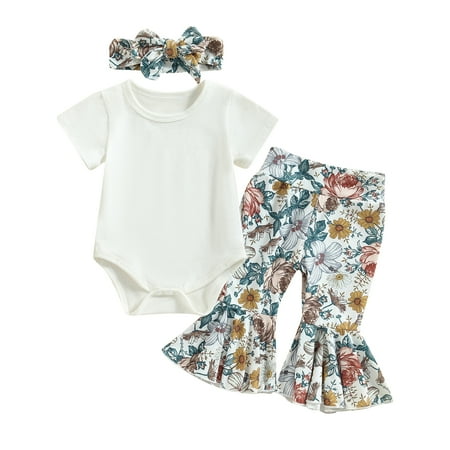 

Baby Girls Pants Set Short Sleeve Romper with Flower Print Flare Pants and Bowknot Headband