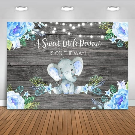 Image of Blue Elephant Baby Shower Backdrop Rustic Wood A Sweet Little Peanut Background Elephant Boy Baby Shower Party Cake Table Decoration Banner Photo Booth Props (7x5ft)