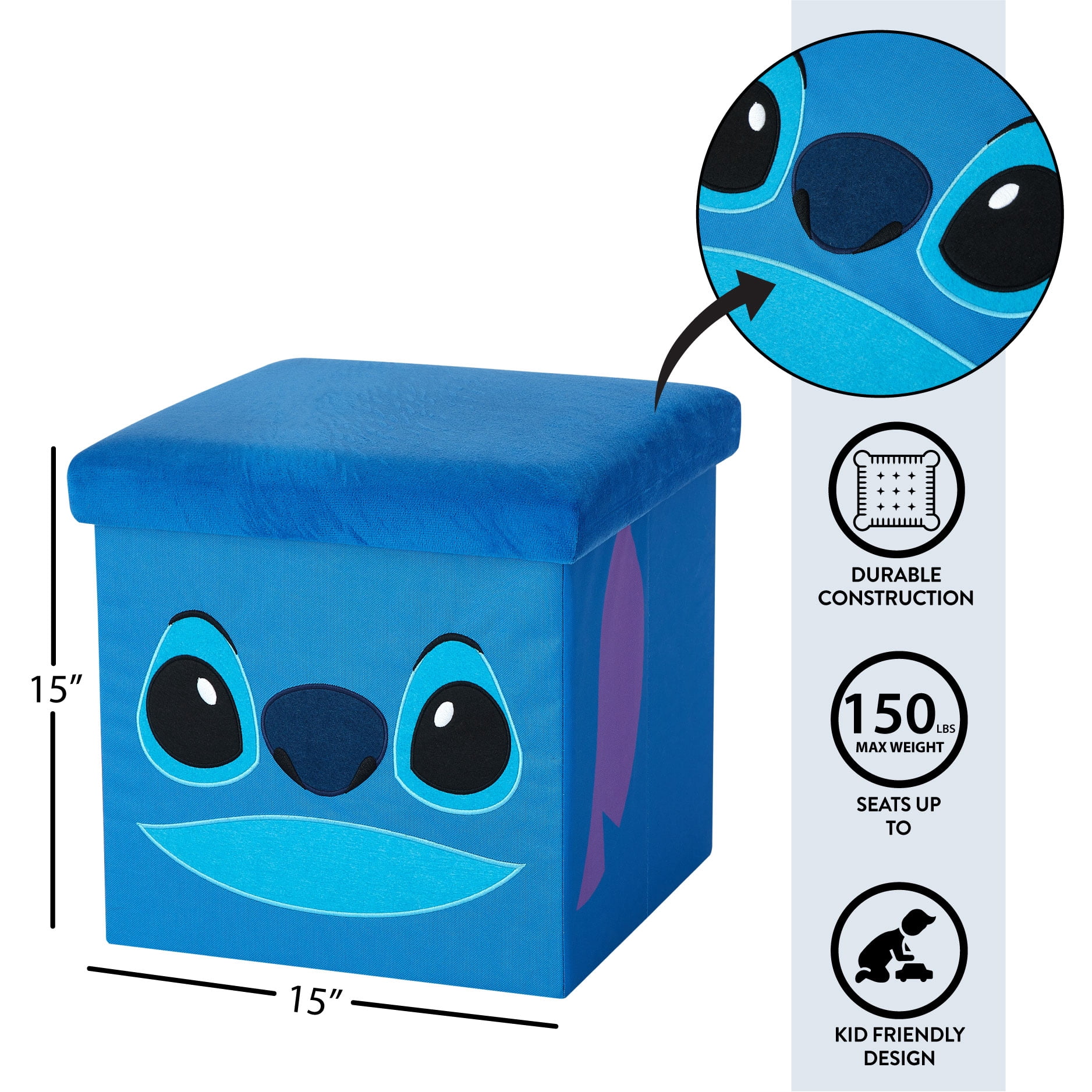Disney Stitch Kids' Storage Ottoman, Blue, 15" x 15" x 15" - Multi-Purpose and Collapsible