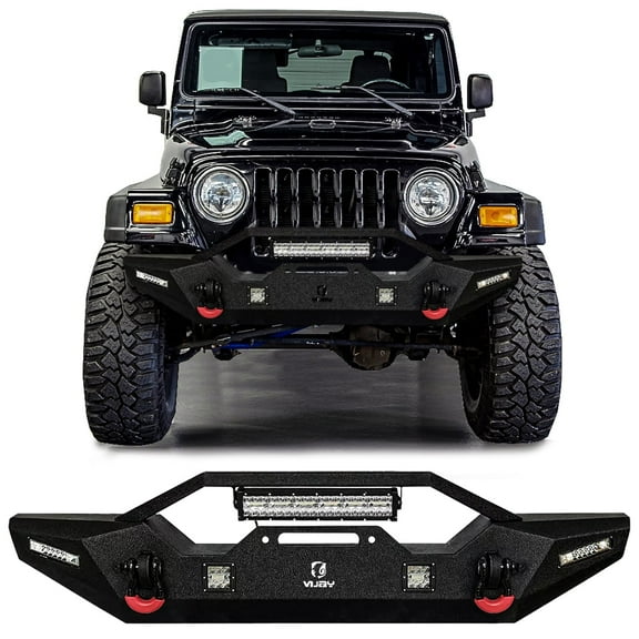 Vijay Compatible with 1997-1998-1999-2000-2001-2002-2003-2004-2005-2006 Jeep Wrangler TJ Front Bumper Textured Black Steel with Light and D-ring