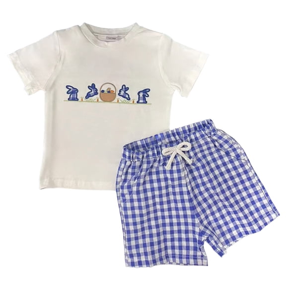 YDFCWXW Toddler Boy Girl Easter Outfit Rabbit Short Sleeve T Shirt Plaid Shorts Little Baby Kids Bunny Clothes Set Summer (White, 18-24 Months)