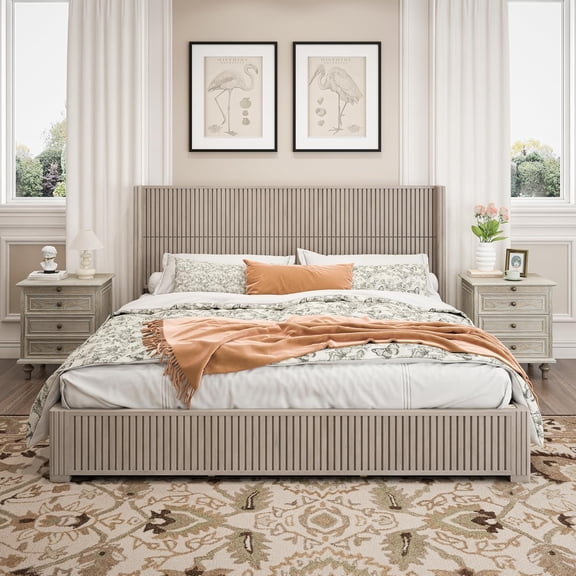 LJAN Solid Wood Platform Bed Frame with Headboard, King Size Bed Frame No Box Spring Needed, Floor Standing Wood Bed Frame, Easy Assembly Bedroom Furniture