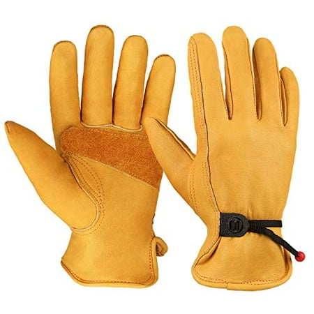 

OZERO Flex Grip Leather Work Gloves Adjustable Wrist Tough Cowhide Garden Glove for Men and Women 1 Pair (Gold Medium)
