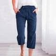 thumbnail image 4 of Petite Capri Pants for Women with Pockets - High Waist Elastic Drawstring Lightweight Capris Casual Loose Fit Summer Beachwear Clothing Navy, Size L, 4 of 5