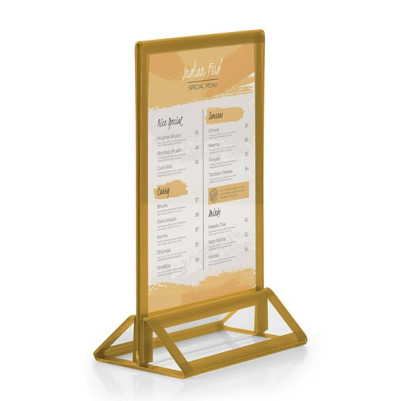 M&T Displays Desktop Acrylic Sign Menu Holder Double Sided T Shape Tabletop 4x6 Inch Gold Border Bottom Loading Clear Ad Frame for Restaurant Store Wedding Party Event (12 pack)