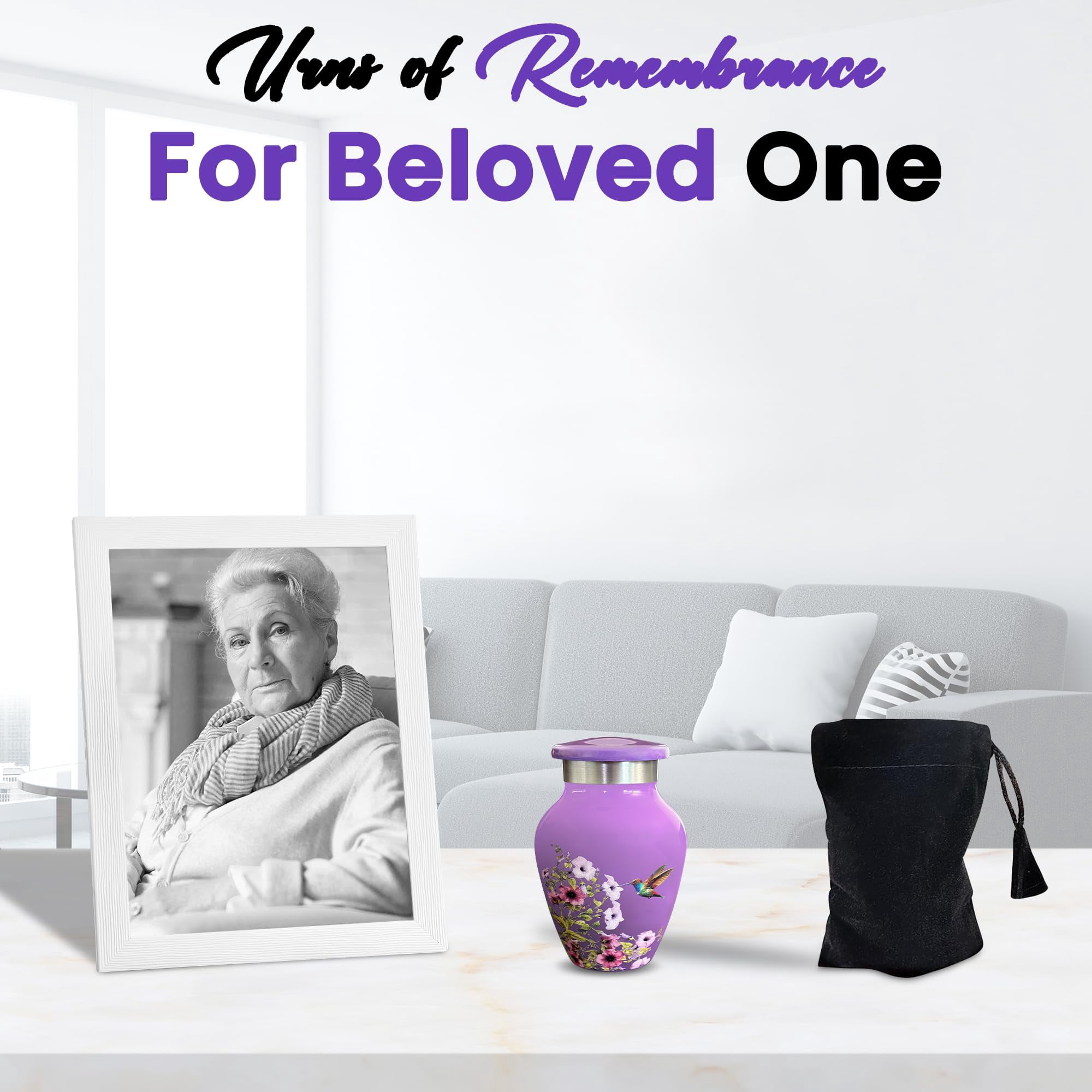 TOSENG Handcrafted Small Urns for Human Ashes Keepsake, Set of 4, Purple Floral & Hummingbird Urn Design - Polished Aluminum Memorial Keepsakes with Secure Screw Lid, Felt Base, & Case - 3x1.75 Inch