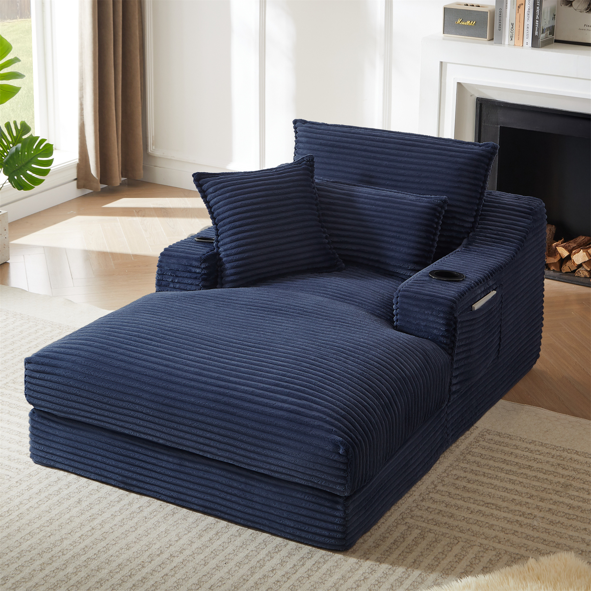 Aukfa 68" Oversized Chaise Lounge Chair with 2 Cup Hoders&Side Pockets, 3Pillows, Corduroy, Blue