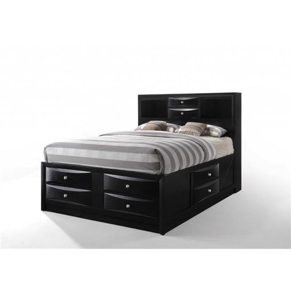 Black Multi-Drawer Queen Bed with Bookcase Headboard