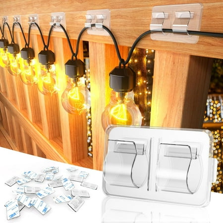 

Waterproof Cable Clips for Outdoor String Lights - 25 Heavy Duty Clips with UV-Resistant Clear Adhesive Strips