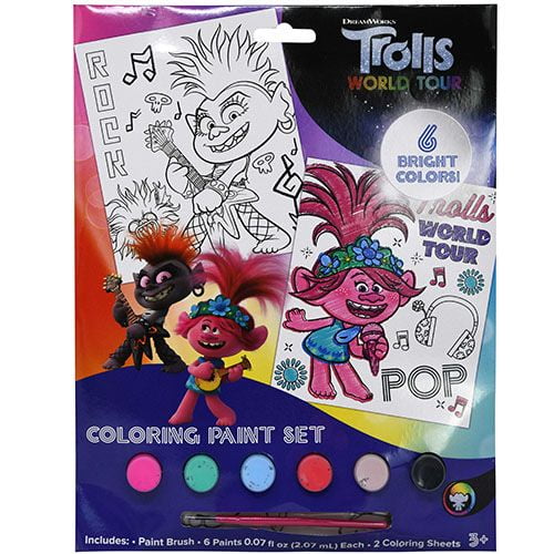 Trolls World Tour Painting Set 8 Sheets 6 Paints Brush Childrens Art Crafts Kids 
