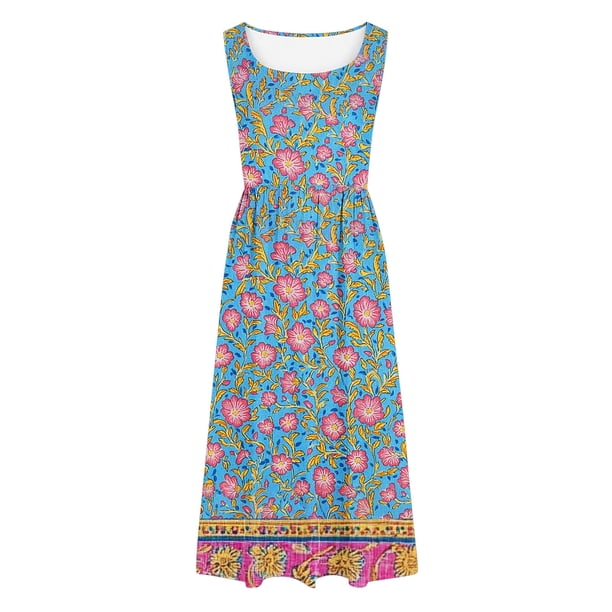 bohemian easter dress Karymi Floral Sleeveless Midi Dress, Scoop Neck Gathered Waist Loose A-Line Casual Sundress with Pockets Summer Dresses for Women 2026 Women's Ribbed Knit Bodycon