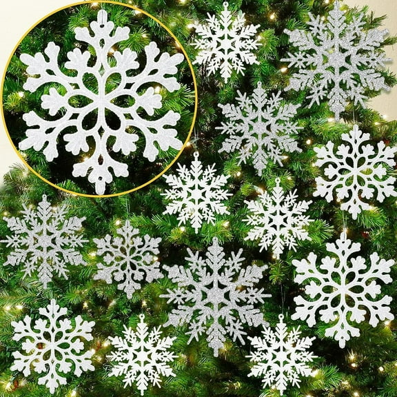 GuassLee 36Pcs White and Silver Plastic Glitter Hanging Snow Flakes for Christmas Tree Decorations Winter Wonderland Frozen Birthday Party Holiday Home Decor