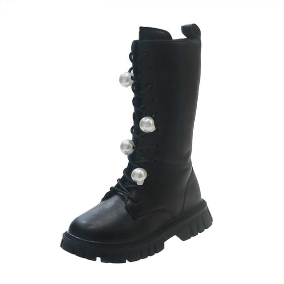 MuXiKeJi Little Girls Knitted Leather Lace-Up Knee High Winter Boots Fashion Black Mid Calf Combat Riding Boots (Toddler/Little Kid/Big Kid)