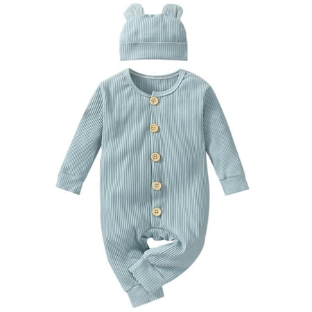 

Canrulo 2PCS Newborn Infant Baby Boy Girl Solid Color O-Neck Long Sleeve Button Jumpsuit Light Blue 6-12 Months