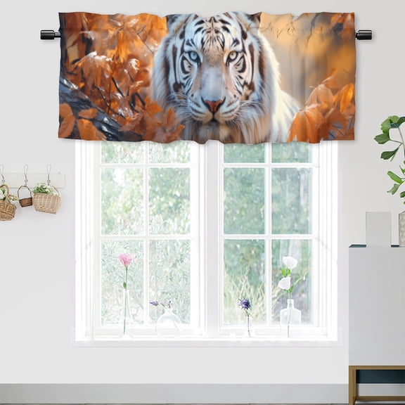 Tiger Window Valances Autumn Forest Tiger with Leaves Woodland Animal Rod Pocket Valances for Kitchen, Bathroom, Living Room 54x18inch(1Pcs)