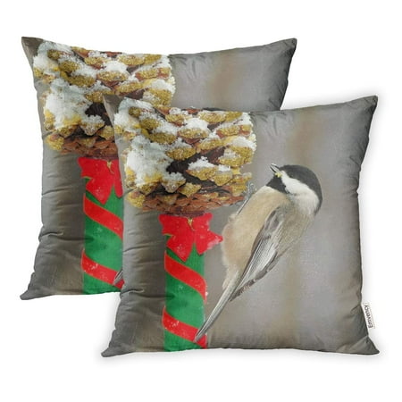 Chickadee Pinecone - YWOTA Black Capped Chickadee Poecile Atricapillus Winter on Festive Pinecone Pillow Cases Cushion Cover 16x16 inch