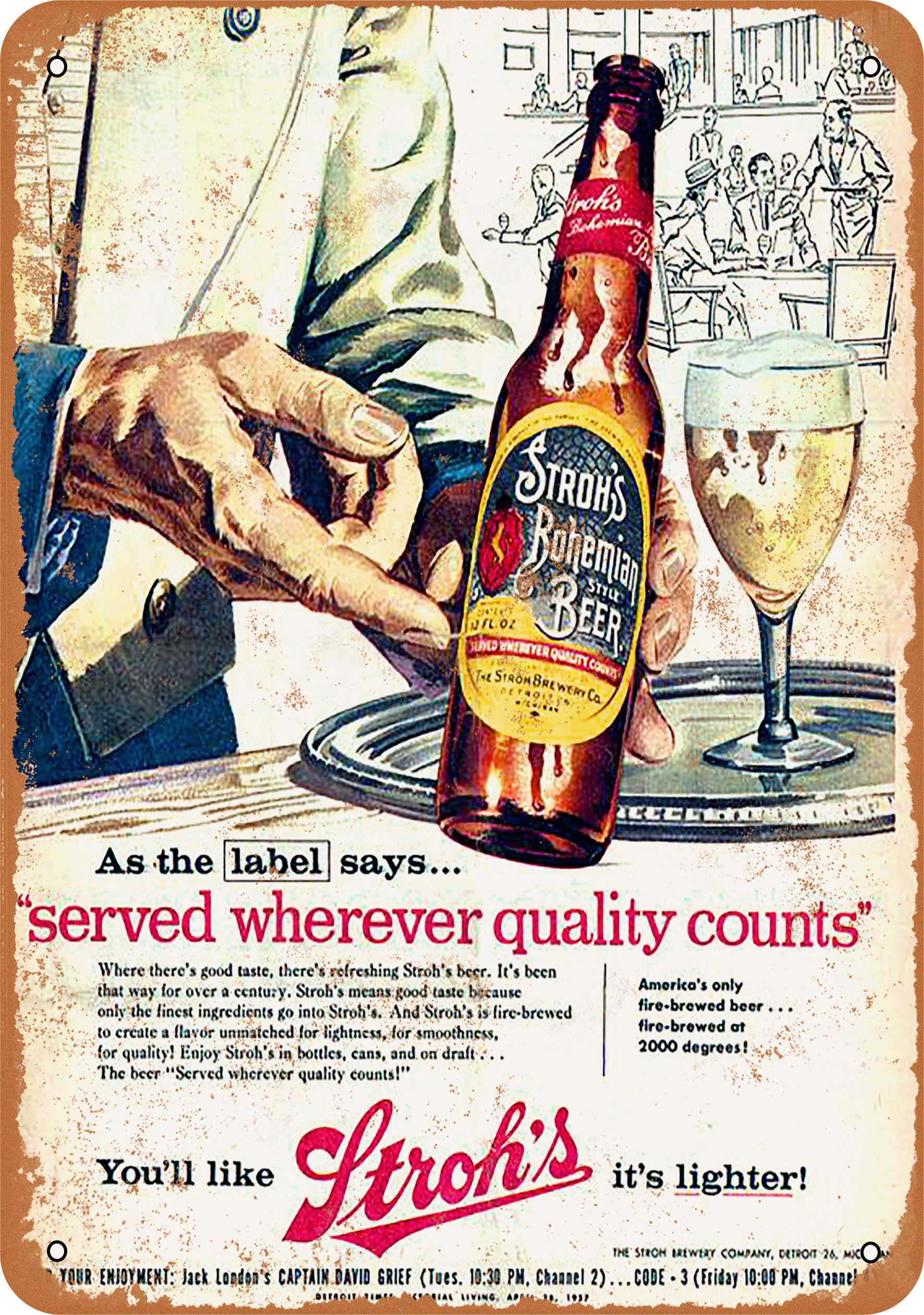 1957 Stroh's Bohemian Beer Rustic Retro Metal Sign 7" x 10" 