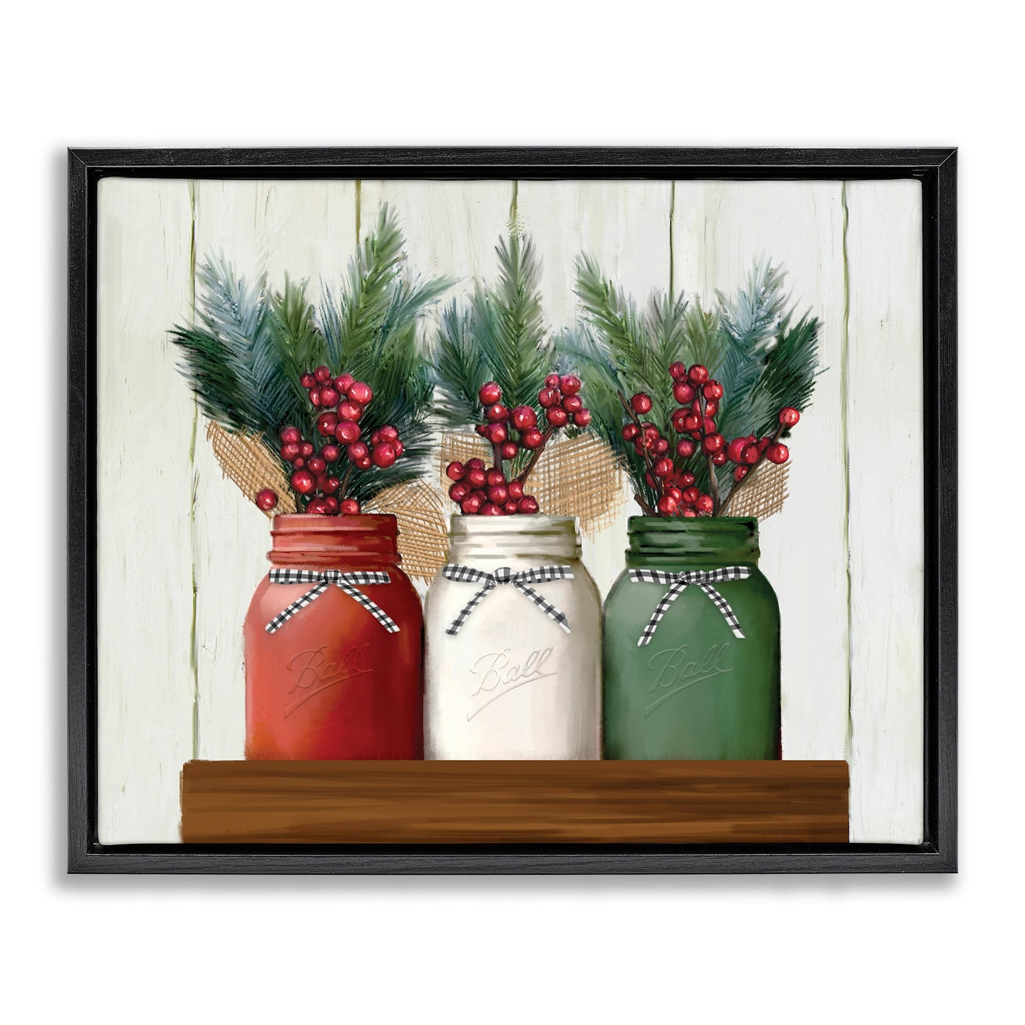Stupell Industries Festive Holiday Jars Christmas Berry Bouquets Jet Black Framed Floating Canvas Wall Art, 16x20, by Ziwei Li