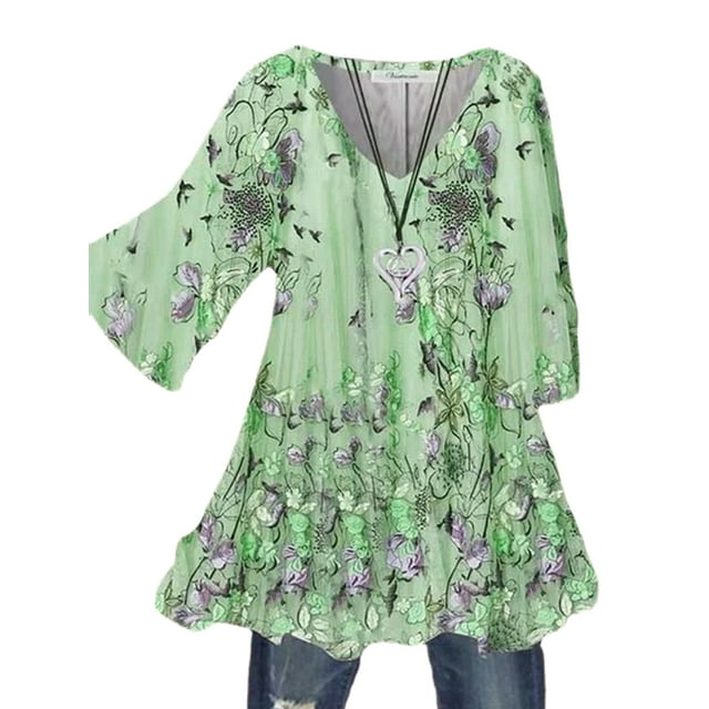 MAWCLOS Blouse Femme Col en V Hauts Tunique Froncée Chemise Élégante Imprimé Floral de Plage Pull 14 S