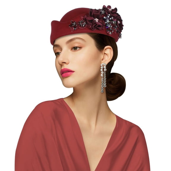 Vintage Felt Beret Hat, Floral & Rhinestone Trim, African Inspired Ceremony Cap