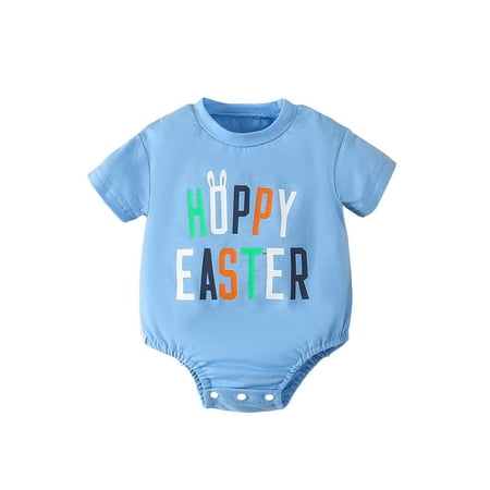 

Co.MMehjri Baby Girls Boys Easter Romper Short Sleeve Crew Neck Letter Bunny Print Casual Romper