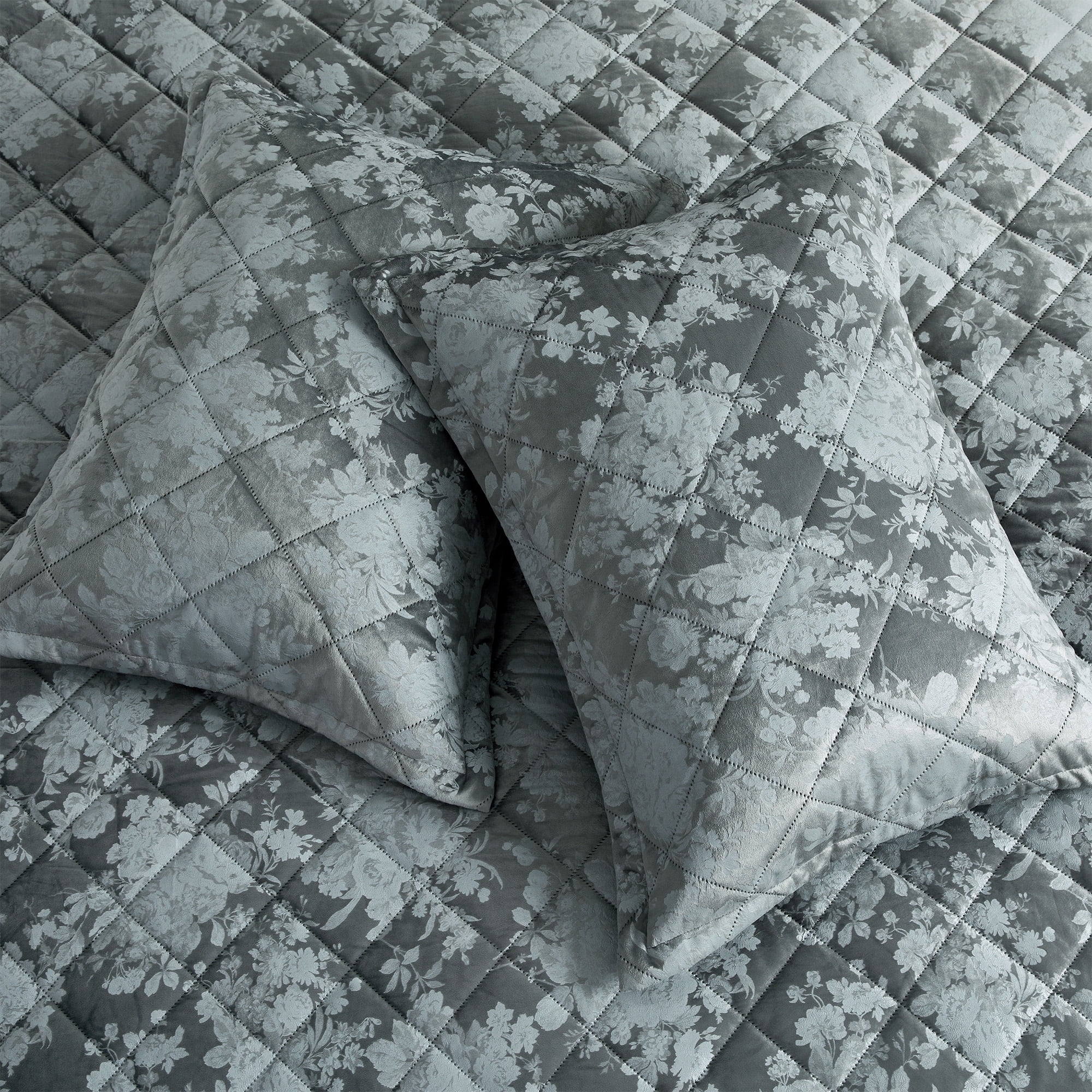 IR Imperial Rooms Velvet Bedspread Floral Pattern 3-Piece Set Ultrasonic Embossed Quilt Reversible Soft Microfiber Coverlet Queen Size Grey