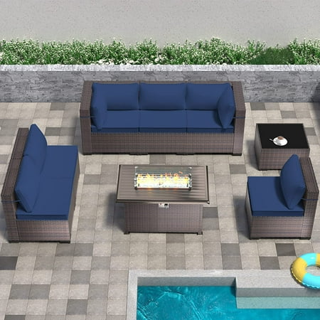 Kullavik 8 Pieces Outdoor Furniture Set with 43 Gas Propane Fire Pit Table PE Wicker Rattan Sectional Sofa Patio Conversation Sets Navy Blue