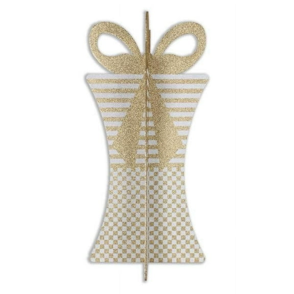 Queens of Christmas 3D-GIFT-31-GO-WH 31 in. 3D Christmas Gift Box, Gold & White