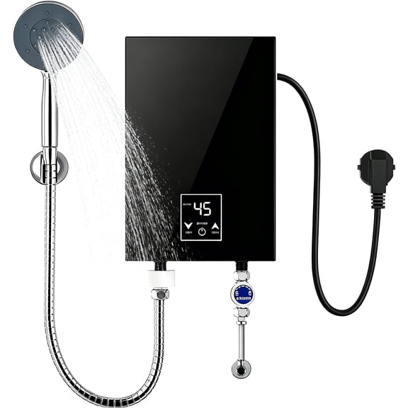 Electric Tankless Water Heater,3500W Instant Hot Water Heater with Handheld Shower Head and Hose Set,IPX4 wateproof and LED Temperature Display for Bathroom Kitchen,Black