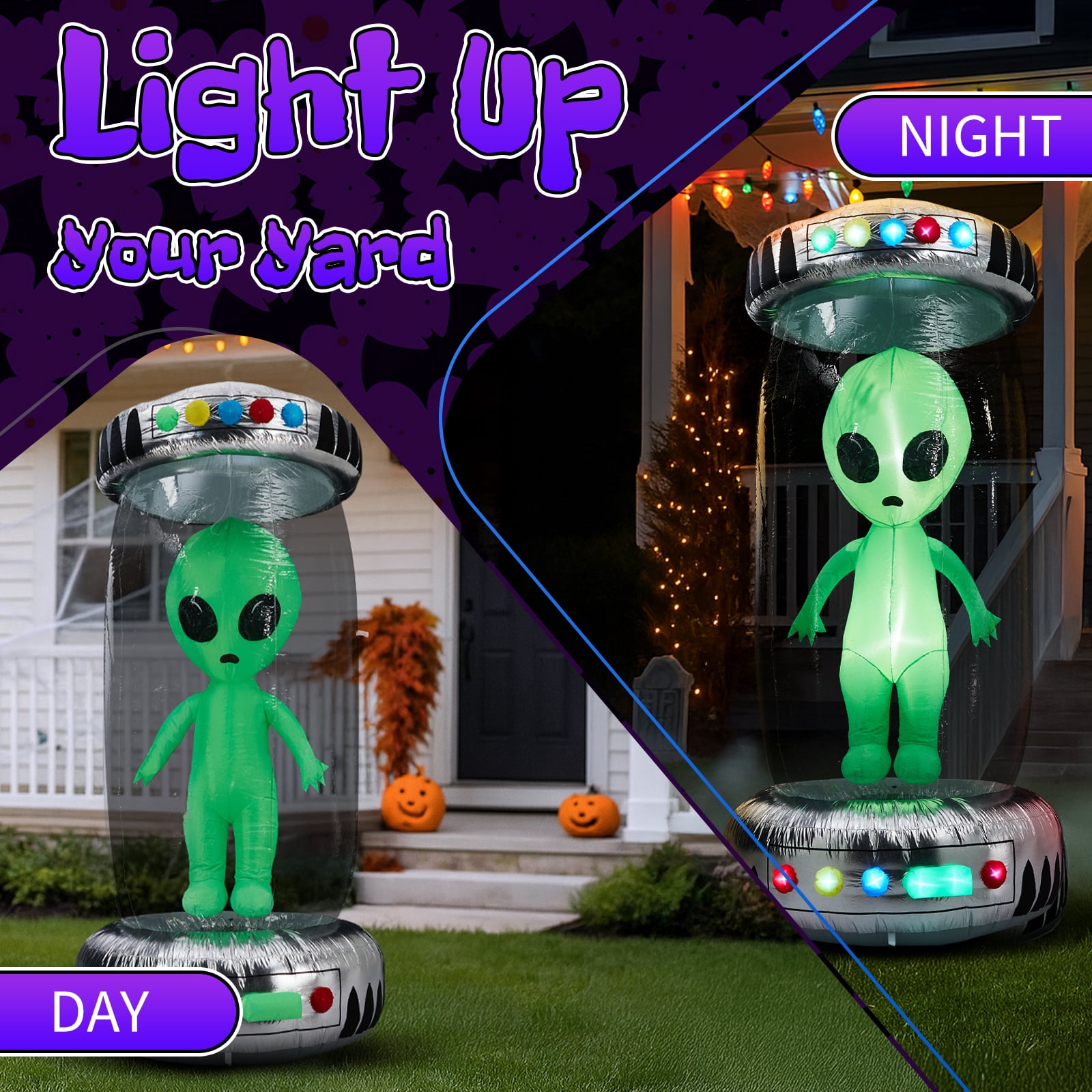 8.2FT Tall Halloween Inflatable Outdoor Decoration, Blow Up UFO with Alien Halloween Decor with Animated RGB LEDs, Prelit Blow Up Yard Decor for Halloween Holiday Party Outdoor Garden Yard Lawn Decor