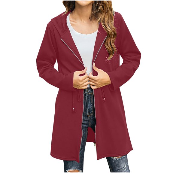 Women's Hooded Jacket Lightweight Zip Up Long Sleeve Drawstring Fall Coat Casual Lightweight Outerwear with Pockets Ladies Clothes
