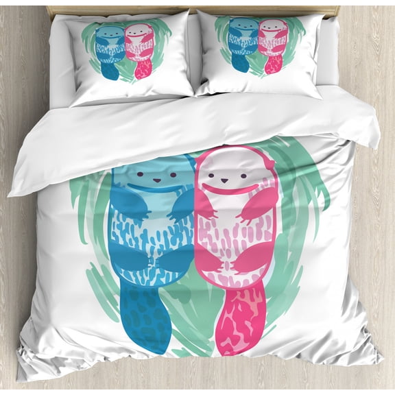 Otter Duvet Cover Set King Size, Cute Water Mammal Watercolor Abstract Animal Pattern Aquatic Marine Life, Decorative 3 Piece Bedding Set with 2 Pillow Shams, Mint Green Blue Pink, by Ambesonne