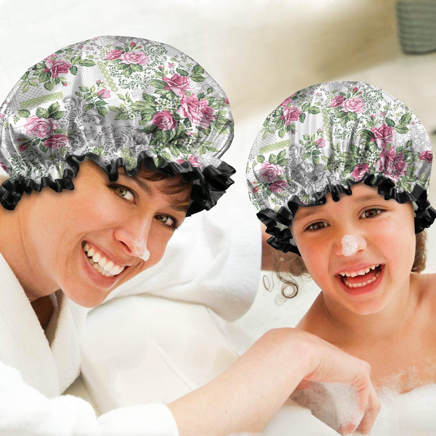 Shower Caps,Pioneer Flower Floral Print Pattern Waterproof Shower Cap for Women 4 Pieces,Double Reusable Hair Cover for Shower PEVA Elastic Stretch Hem