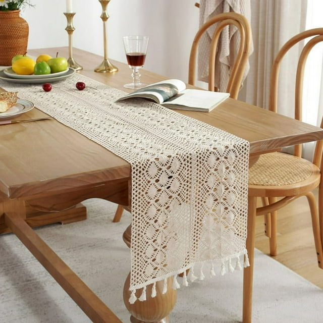 Vintage Cotton Knit Beige Cutout Table Cloth Lace Tassel Table Runner For Dining Wedding Table Party Decoration