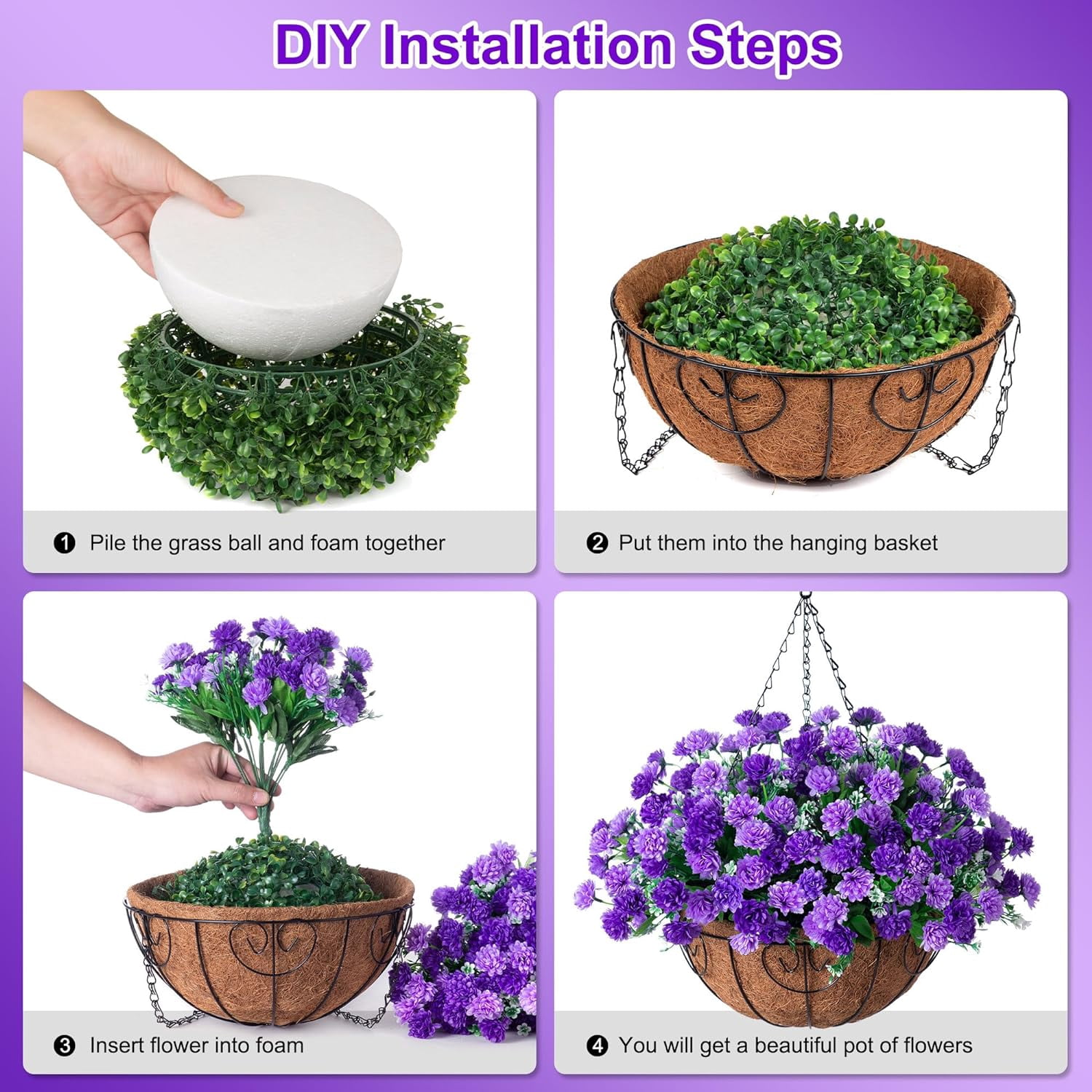Artificial Faux Hanging Flowers Basket for Outdoors Outside Porch Decoration, Silk Fake Hanging Flowers Colorful Daisy with Coconut Lining Baskets for Courtyard Spring Summer Decor(Violet)