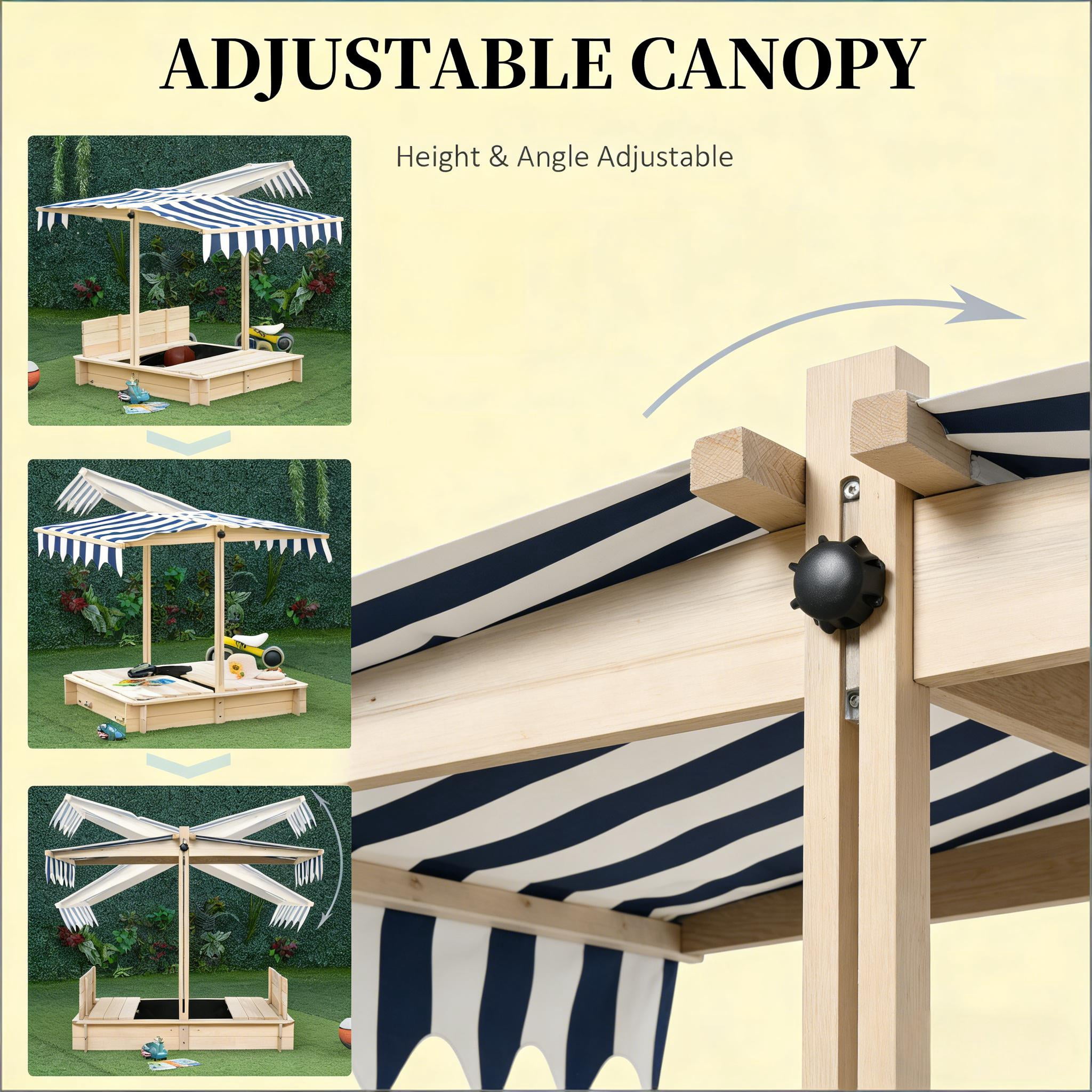 Kids Wooden Sandbox with Adjustable Height & Angle Canopy, Foldable Backrest Bench, Detachable Seats, Non-Woven Bottom Liner, Outdoor Children Sand Play Station for Backyard, Ages 3-7