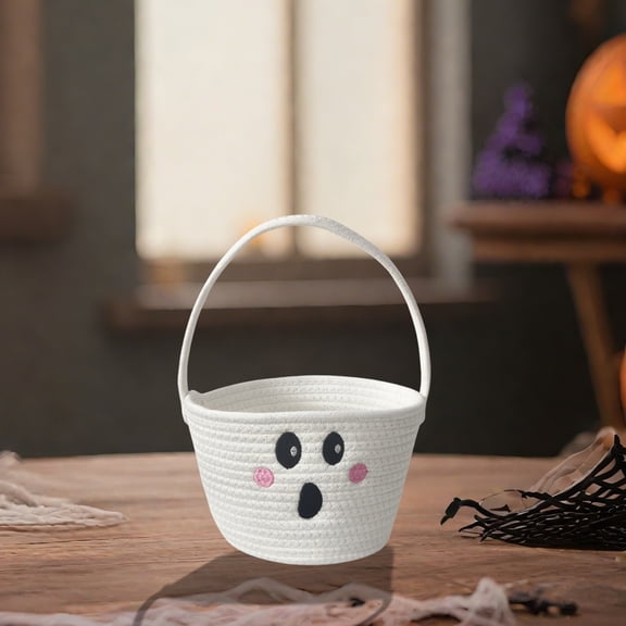 Halloween Storage Basket, Candy Treat Tote, Woven Rope Organizer Bin with Handles, Festive Holder for Home and Party