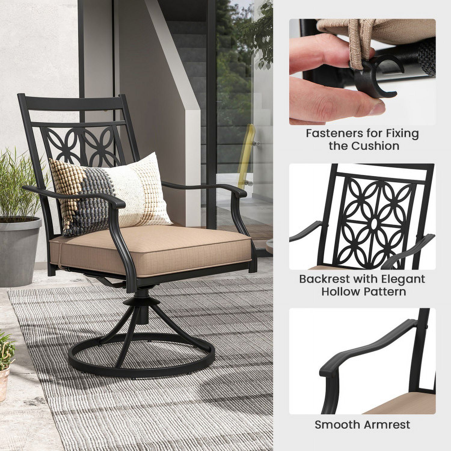 Aimee Lii 2 Pieces Patio Swivel Chairs with Blossom Pattern Backrest and Cushions, Outdoor Patio Set, Black Aimee Lii 2 Pieces Patio Swivel Chairs with Blossom Pattern Backrest and Cushions, Outdoor Patio Set, Black