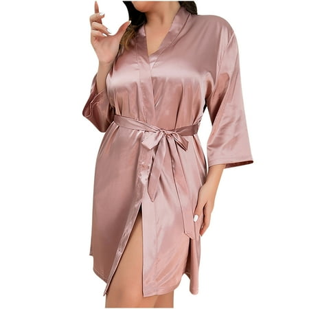 HAPIMO Lingerie Silk Robe Bathrobe Lightweight Cardigan Pajamas for Women Holiday Half Sleeve Waistband Comfy Relaxed Sleepewear Lace Teen Girls Satin Trendy Pink XXXXL
